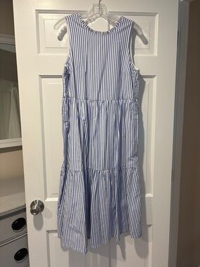 J. Crew Blue and White Striped Sleeveless Tiered Dress